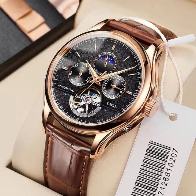 LIGE 6826 Classic Men's Leather Automatic Mechanical 30m Waterproof Watch Tourbillion Movement Automatic Chain Watch for Men