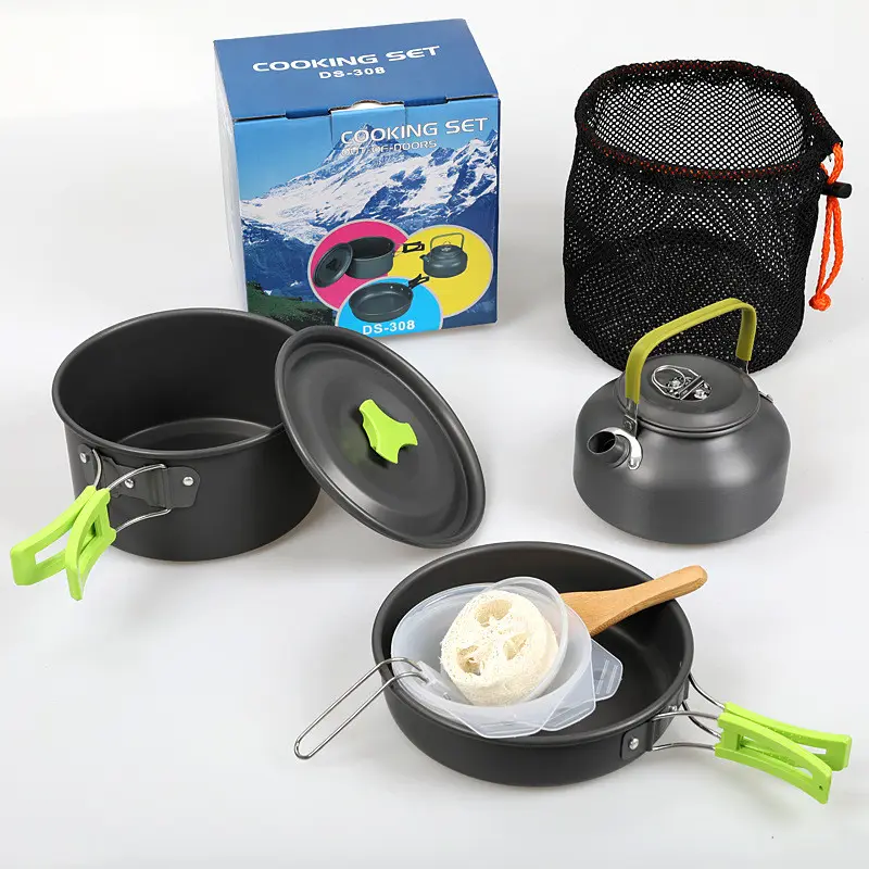 Hot Sale 1-3 Personen Hochfestes Aluminium Metall Camping Kochgeschirr Mess Kit mit stabiler Schutzs chicht auf der Oberfläche