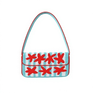 Bolso de Hombro de Lona a Rayas Estilo Bohemio con Bordado de Estrella de Mar Roja, Estilo Veraniego para Mujer, Compras, Tamaño Personalizable - Product Image 1