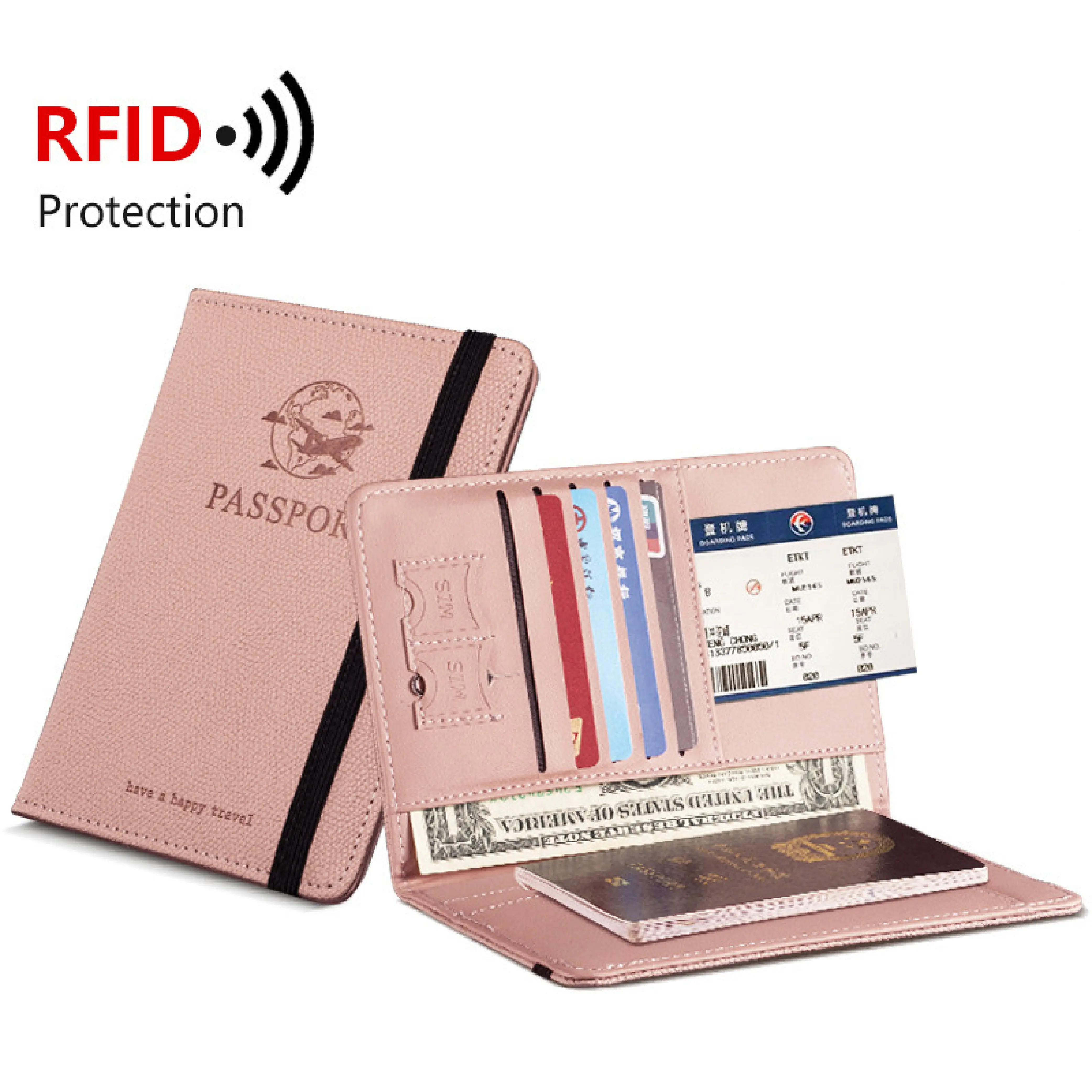 หนังสือหนังสือเดินทางมัลติฟังก์ชั่นหนัง PU RFID ปิดกั้นกระเป๋าสตางค์เดินทางเอกสารออแกไนเซอร์โลโก้ที่กําหนดเองผู้ถือบัตรประจําตัวธนาคาร