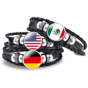 Pulseras con botón a presión para hombre y mujer, brazalete de cuero negro con bandera nacional, regalo del Día de la independencia, joyería Unisex, 287