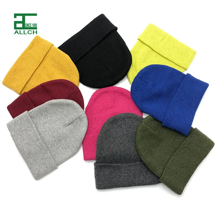 ALLCH Custom Wholesale Fisherman Logo Recycled Yarn Acrylic Warm Plain Winter Hat Unisex sport Long Ribbed Cuff Knit Beanie