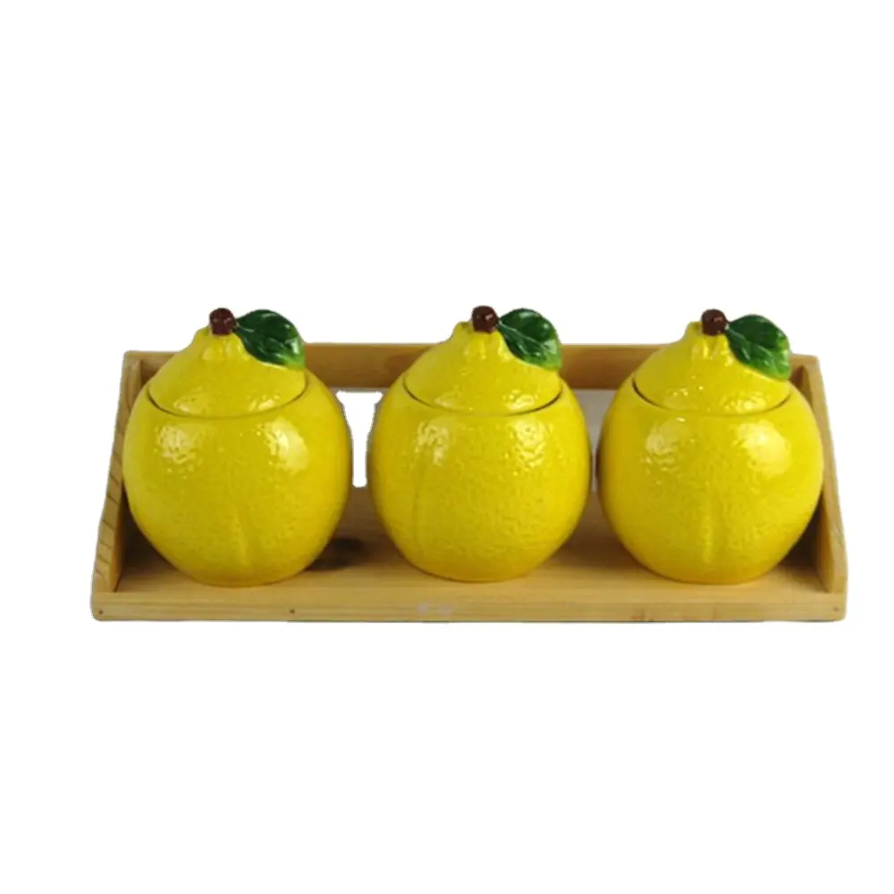 Gốm Gia Vị Container Gia Vị Jar Với Nắp Đậy Lemon Shape Gốm Muối Container Set