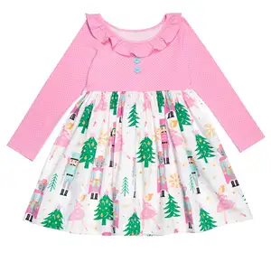 Vestidos estampados de manga larga para niñas, vestidos infantiles con cuello de muñeca, bonitos vestidos de temática de festival, color rosa, nuevos