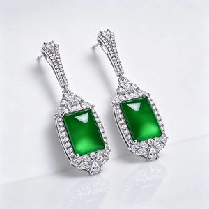 FYED3523 Natural Green Chalcedony, Chinese Style <b>Retro</b> Long Earrings - Product Image 1