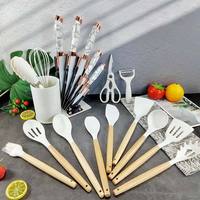 MK Set Gadget dapur, aksesoris dapur silikon tahan panas dengan pegangan kayu 19 buah