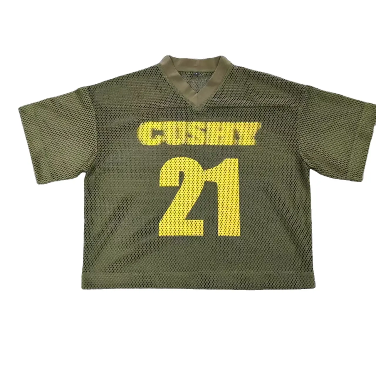 Hoge Kwaliteit Boxy Fit V-Hals Mesh Jersey Shirt Custom Zeefdruk Nummer Voetbal Jersey Streetwear Mesh Olijfgroene Jersey