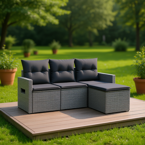 Ensemble de canapés de jardin en rotin PE gris moderne avec structure en acier, mobilier d'extérieur modulaire pour 3 personnes, design contemporain - Product Image 2