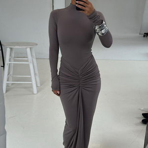 Nouvelles Arrivées Automne Hiver Robes Décontractées Unies pour Femmes Manches Longues Superposées Col Montant Coupe Ajustée Sexy Club <span class=keywords><strong>Maxi</strong></span> Respirantes - Product Image 1
