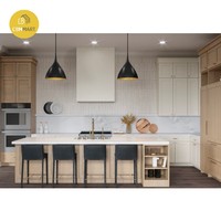 CBMMart Armoire de cuisine en chêne blanc en bois massif en forme de L Villa Cascade Île de marbre avec panier Armoires de cuisine au design moderne