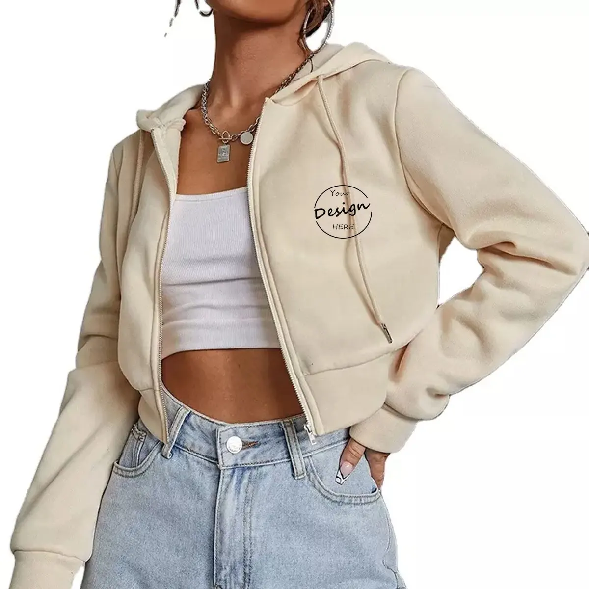 Logo personnalisé Vente en gros Crop Tops Sweat à capuche pour femme Sérigraphie Manches longues Vierge Épaisse Sports d'hiver Gym Crop Sweat à capuche zippé Femme