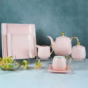 Столовая посуда для ресторана, фарфор, Королевский Золотой обод, набор керамических тарелок, 24 предмета, розовые керамические наборы посуды