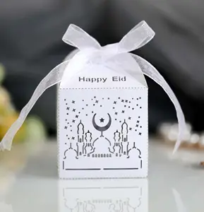 Caja de embalaje de dulces de 5x5x8cm, caja de papel de regalo con corte láser árabe feliz Eid, recuerdo de boda