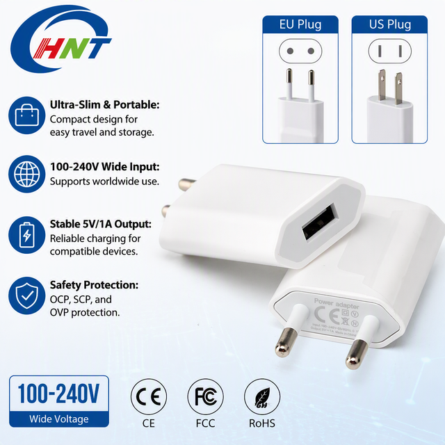 Wholesale HNT Mini Slim 5W USB Wall Charger Ultra Thin Universal Phone Power Adapter for US/EU Plug CE Certified OEM ODM Bulk