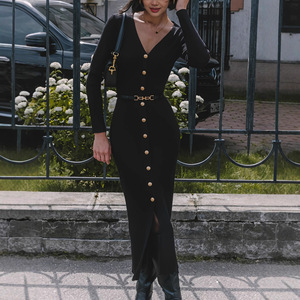 Elegante abito <span class=keywords><strong>lungo</strong></span> aderente di fascia alta squisito per <span class=keywords><strong>maglione</strong></span> lavorato a maglia con bottone frontale con cintura - Product Image 2