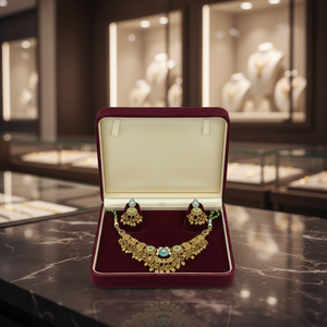 Traditional Silver Heavy Kundan Choker Necklace <b>Set</b> with Blue Green Stones Coin <b>Beads</b> and Matching Earrings - Product Image 4