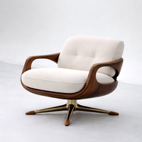 Fauteuil d'appoint pivotant moderne - Structure en bois, base dorée, revêtement en velours crème écologique et durable, rotation à 360 degrés, pour la maison, le bureau ou la chambre