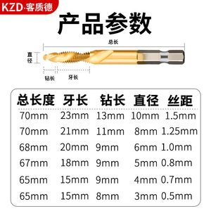 Kzd Composite Tap 10mm 8mm 6mm 5mm 4mm 3mm Hss Titanium Plated Hex Shank Drill And Tapping Integrated For Metal - Product Image 1
