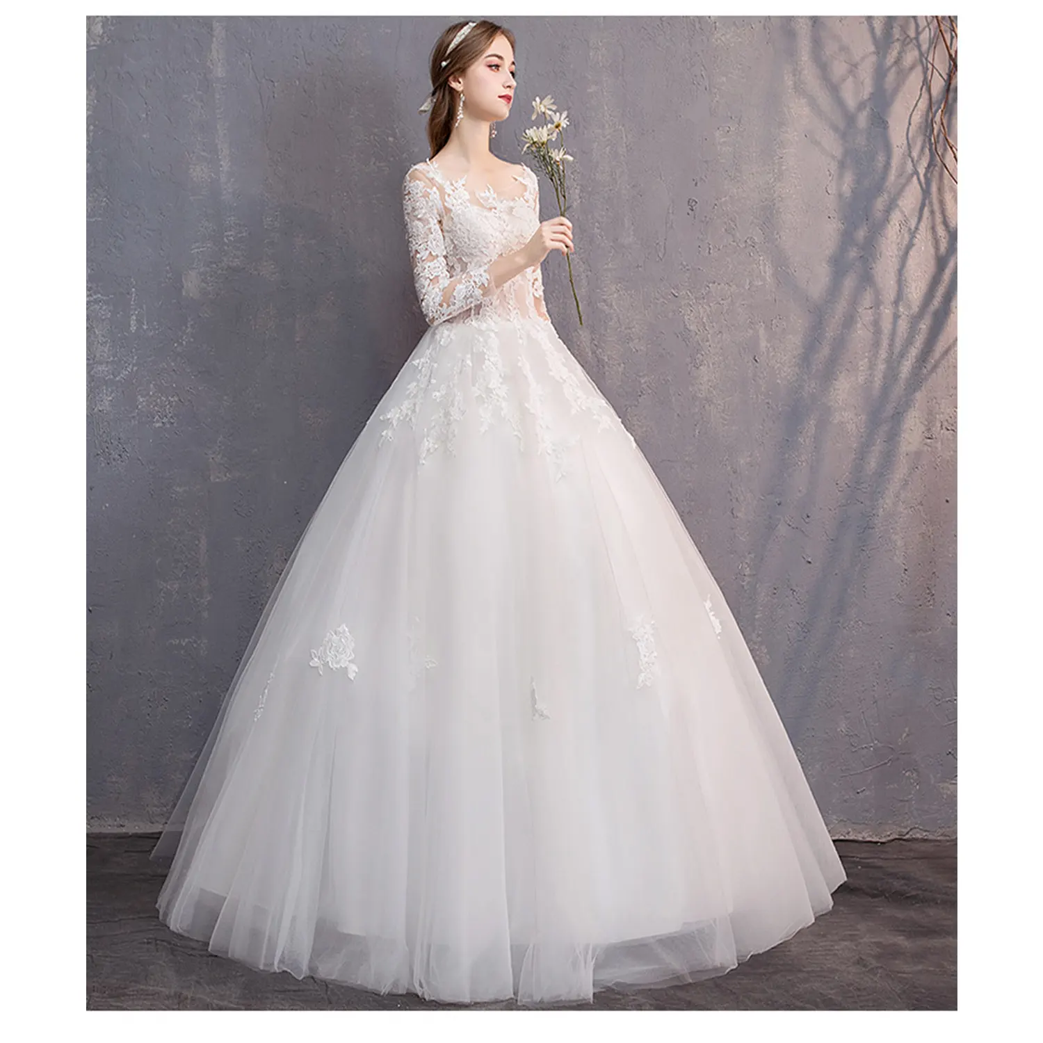 Floral Lace Wedding Dress Simple Fluffy Long Sleeve Bride Ball Gowns For Wedding Dresses