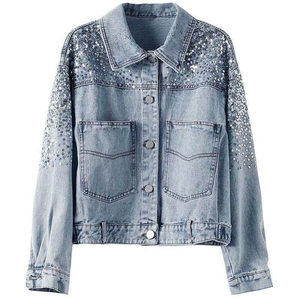 Veste en jean à sequins pour femme, coupe oversize, style boyfriend, épaules tombantes, effet délavé, ornée de perles - Product Image 4