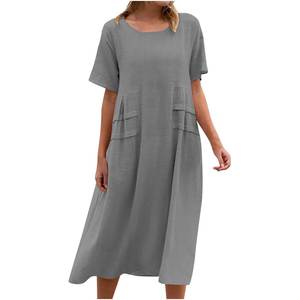 Abito Estivo da <span class=keywords><strong>Donna</strong></span> 2026 all'Ingrosso, Nuovo Modello Casual in Lino Tinta Unita, Vestito a Trapezio in Cotone con Orlo Svasato, Lunghezza Media - Product Image 6