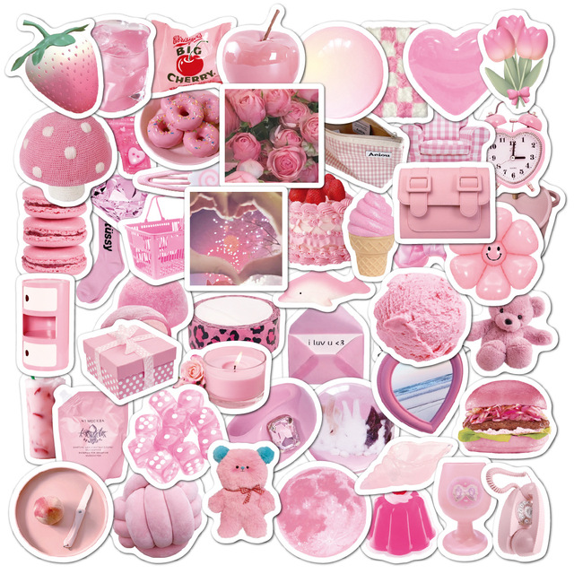 52pcs/set Kids Waterproof Pink Matte Cartoon Cute Laptop Decorative Label Stickers ,Vinyl Die Cut Sticker Pack for Girls
