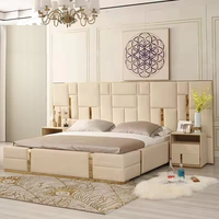 Lit double King moderne de luxe avec intérieur en cuir luxueux, panneau en bois massif, mousse souple pour meubles de chambre à coucher