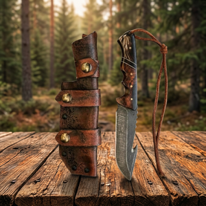 Cuchillo de caza hecho a mano de acero inoxidable con hoja recta y punta caída, mango de palisandro y cuerno, funda de cuero personalizable OEM/ODM - Product Image 2