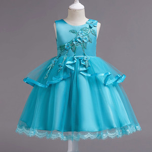 Robe de bal brodée pour enfants, en tulle bleu, sans manches, col rond, robe de princesse pour mariage et fête pour filles - Product Image 4