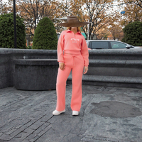 Ensemble de survêtements décontractés personnalisés pour femmes, en molleton de coton rose doux et épais, avec logo imprimé, coupe courte, comprenant un sweat à capuche et un pantalon de jogging