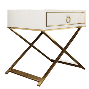 Mesa de <span class=keywords><strong>Noche</strong></span> de Lujo para Dormitorio, Mesa Auxiliar Lacada con Patas en X de Metal <span class=keywords><strong>Blanco</strong></span>, Negro y Dorado - Product Image 5