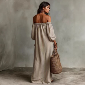 Elegante Vestito Estivo da Donna con Spalle Scoperte, <span class=keywords><strong>a</strong></span> <span class=keywords><strong>Righe</strong></span>, Maniche <span class=keywords><strong>a</strong></span> Lanterna, Sexy, Senza Schienale, <span class=keywords><strong>in</strong></span> <span class=keywords><strong>Lino</strong></span>, <span class=keywords><strong>Abito</strong></span> da Sera Casual - Product Image 4