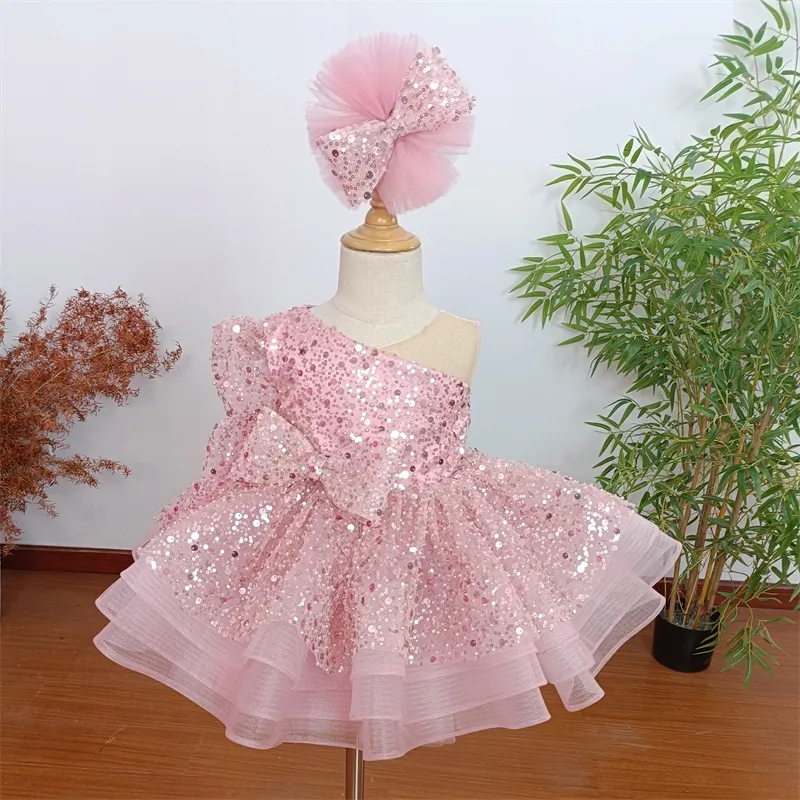 Per bambine e bambine per feste di compleanno abito da ballo monospalla con paillettes rosa principessa abiti gonfi per bambini di lusso