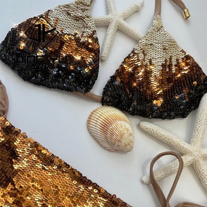 Manufacturer Design Luxury Swimwear Set Sustainable Polyester <b>Bikini</b> Custom <b>Sequin</b> Satin Shiny Swimwear - Product Image 4