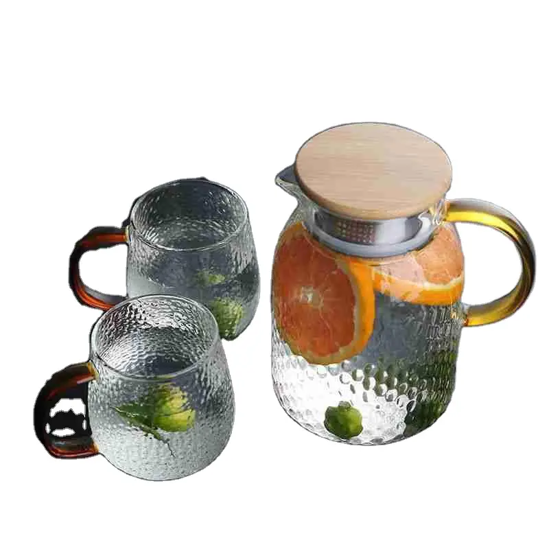 Teko Air Kaca dengan Tutup Bambu, Teko Kaca Minuman untuk Jus Lemon Air Es Teh Gelas Set