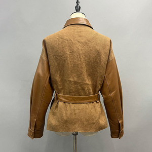 Custom <strong>Women</strong> Sleek Mixed Media Utility <strong>Jacket</strong> Autumn Winter Cozy Leather Linen Blend Coat with Daily Wear - Product Image 3