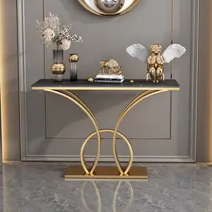 Console de mesa decorativo simples, console longo de corredor simples, base de metal preto e ouro