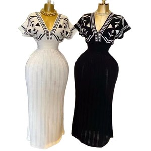 Đầm dài dáng ôm in họa tiết cổ điển thời trang nữ, eo cao, chất liệu jacquard, đầm dự tiệc thanh lịch, cổ chữ V, tay ngắn, phong cách boho - Product Image 6