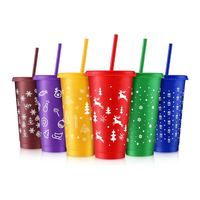 Grande réduction : Gobelets réutilisables en plastique pour enfants, changeant de couleur, 710 ml (24 oz), avec couvercles et pailles, pour boissons glacées de Noël