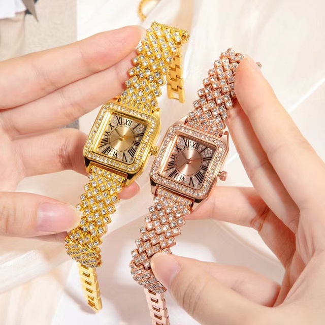 Hot Selling and Trendy Roman Full Diamond square Women's Watch Quartz Watch