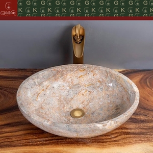 Lavabos de salle de bain en marbre fossile crème GOLDKING, lavabos ovales sur mesure pour salle de bain moderne - Product Image 3