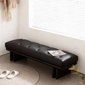 Genuine Leather Bench Tufted Design Solid <b>Wood</b> Base Bedroom Dressing Room <b>Stool</b> - Product Image 2