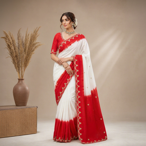 CHOHAN TEXTILE Custom Vintage Floor-Length Wedding <b>Red</b> White Organza <b>Saree</b> Handwork Border Designer Indian Bridal Women Party - Product Image 1