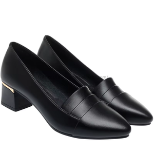 Factory Wholesale <b>Black</b> Leather <b>Pumps</b> - Pointed Toe Block Heel Office Daily Women's Shoes - Product Image 5
