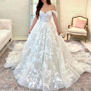 Off The Shoulder Wedding Dress Princess Waistline Sweetheart Neckline Ball Gown <b>White</b> <b>Lace</b> Applique Floral Print Bridal Gown - Product Image 1