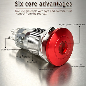 16/19/22mm Metal Mushroom Head Push Button Switch with LED, Momentary/Reset/Latching, Pin Terminal, Start Button - Product Image 1