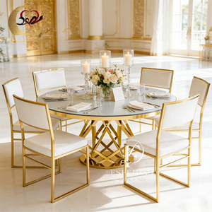 Mesa de Comedor Redonda Moderna con Tapa de Cristal y Base de Metal Dorado para Alquiler en Bodas y Hoteles - Product Image 2