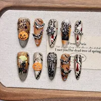 Ongles artificiels faits main à presser, couleur caramel, longs, pour Halloween, style fête, en acrylique