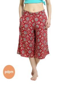 Pantalones de algodón hasta la rodilla para mujer, pantalón CAPRI PALAZZO, pantalón corto, Rojo - Product Image 2