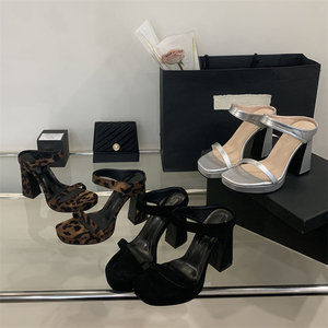 Sandalias de Tacón Cuadrado con Estampado de Leopardo Negro, Primavera-Verano 2025, Estilo Europeo Americano, Cómodas, Tacón Grueso Plateado, Transpirables - Product Image 6